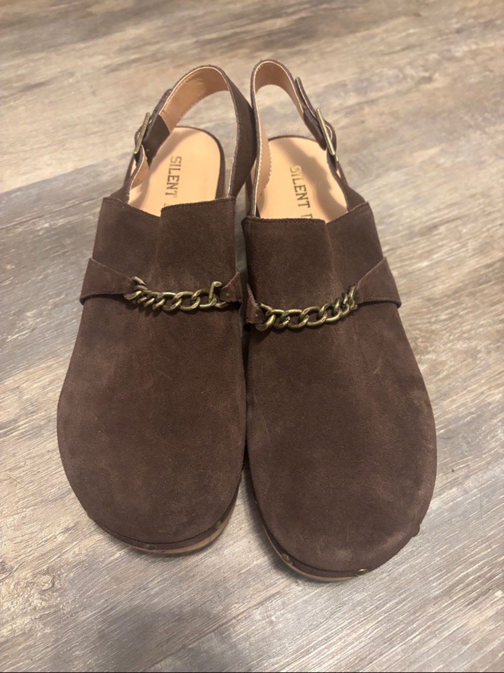 Silent D Brown Suede Slingback Clogs with Chain Accent